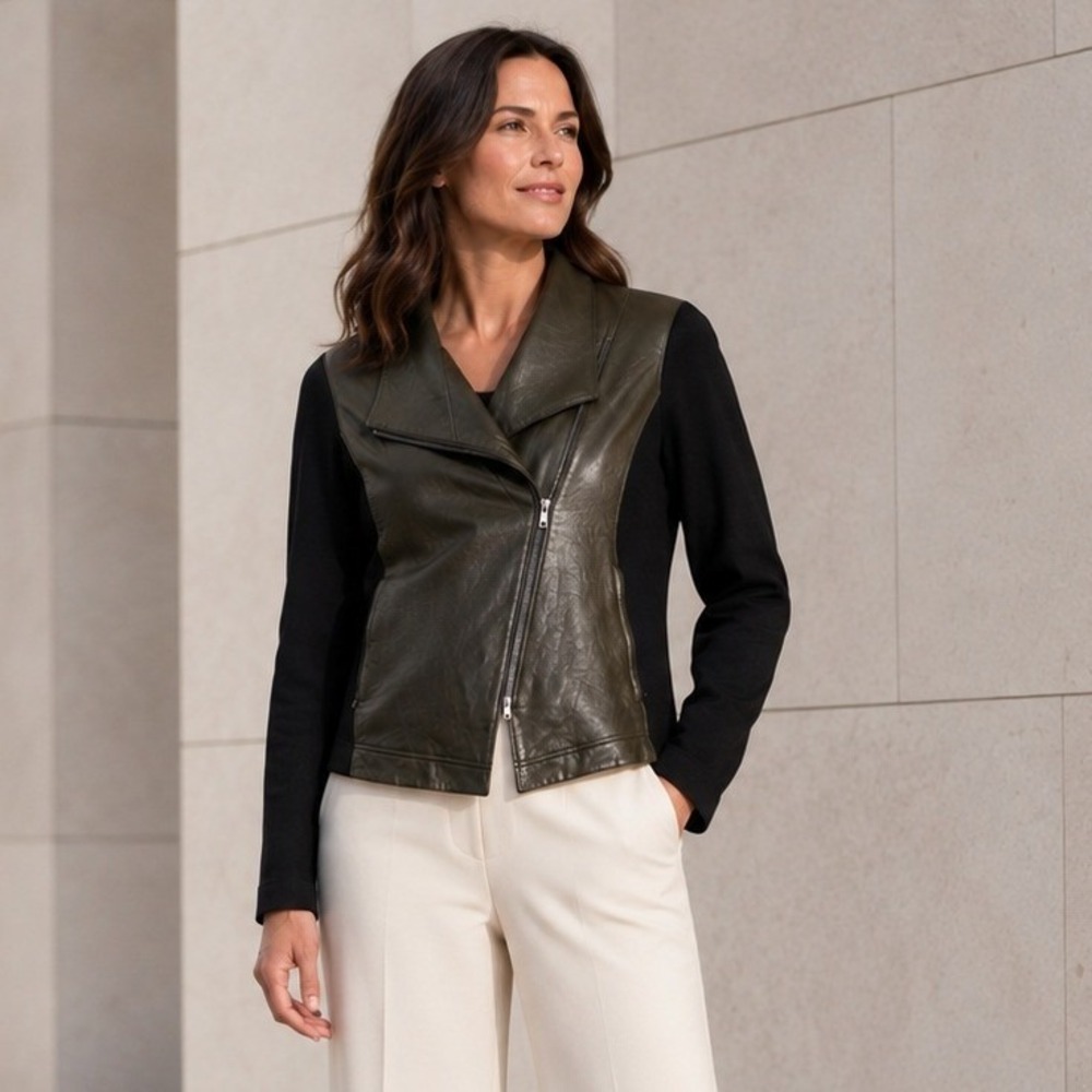Eileen Fisher Womens Moto Jacket S Black Wool Leather Asymmetrical Modern Zip Up